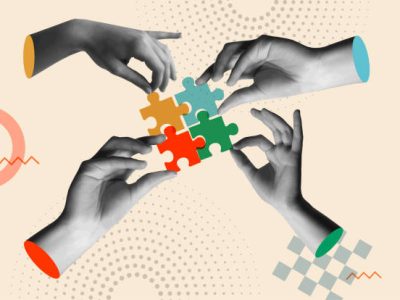 Human hands holding colorful puzzle pieces in 80s retro collage vector illustration. Mixed media artwork for concept of cooperation, teamwork, partnership and successful solutions.